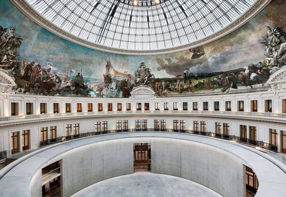 Tadao Ando's concrete rotunda inside the Bourse de Commerce — Pinault Collection, where Fujiko Nakaya installs her 2026 fog sculpture Cloud #07156
