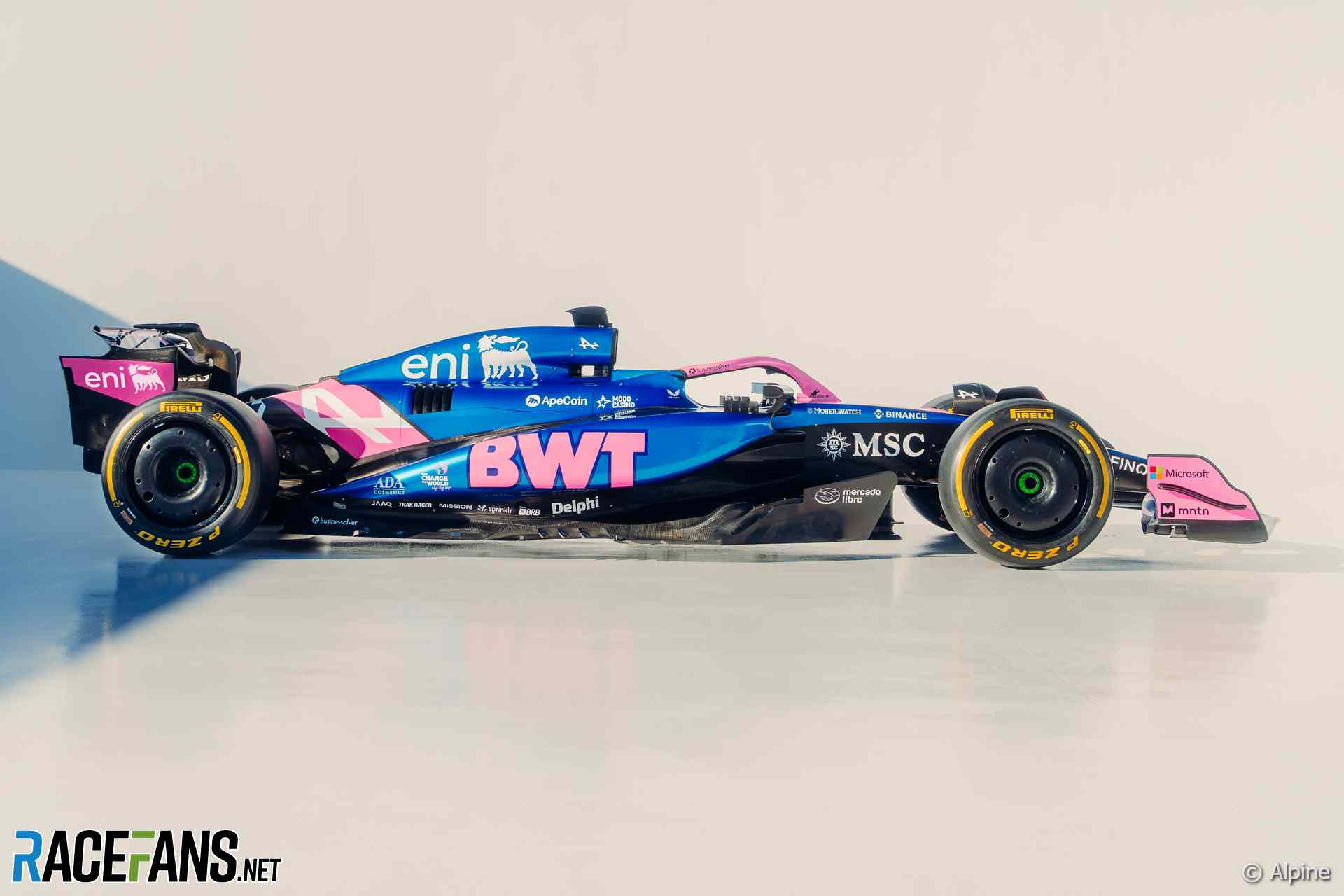 Gucci Racing Alpine Formula One Team livery rendered in red, green and gold at the Enstone factory in Oxfordshire, England