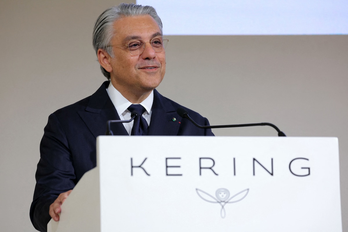 Luca de Meo at a Kering podium presenting the ReconKering portfolio refresh strategy in 2026