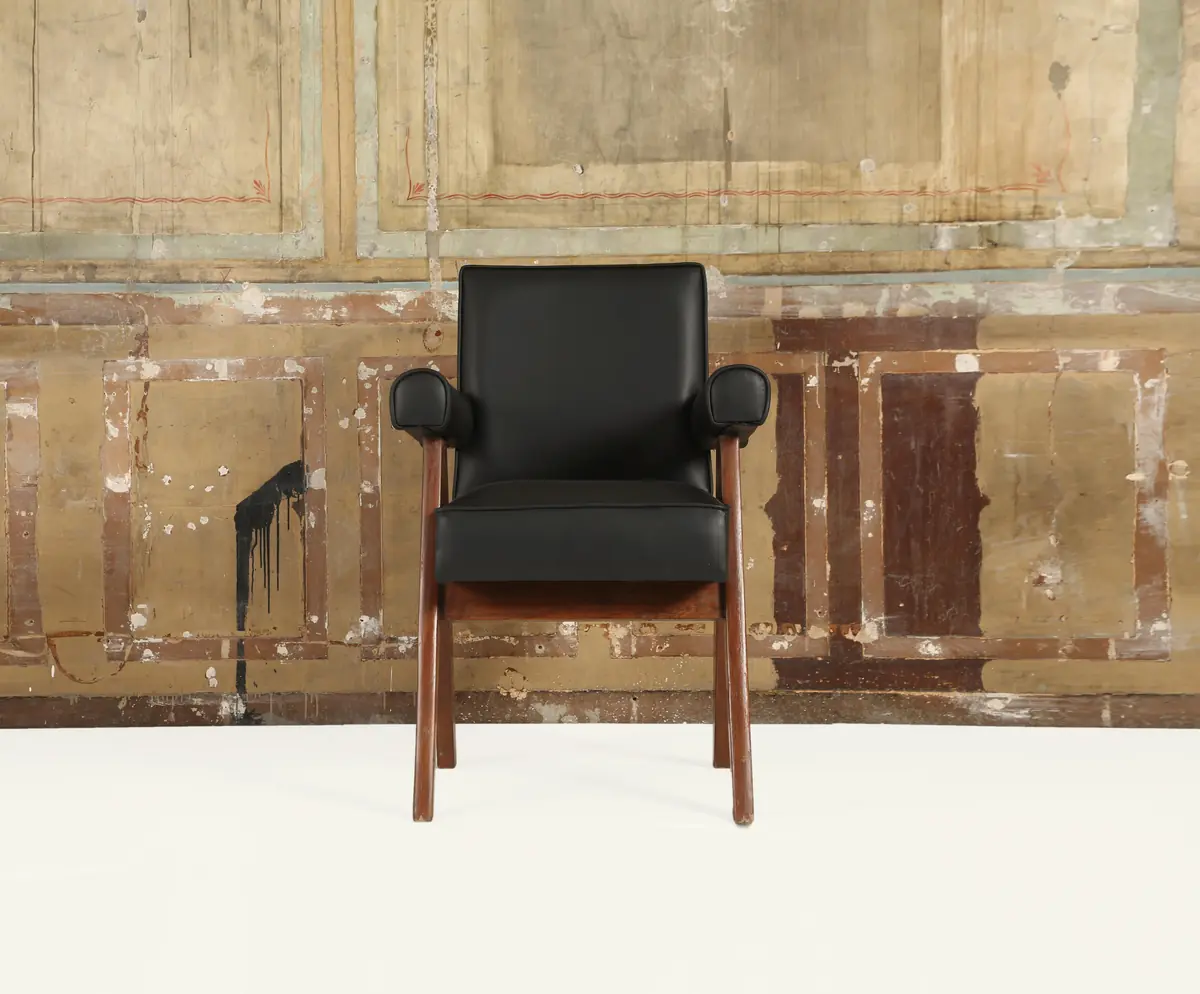 Pierre Jeanneret's teak and cane Chandigarh furniture for Le Corbusier's Capitol Complex, sourced from Panjab University and the High Court of Punjab and Haryana.