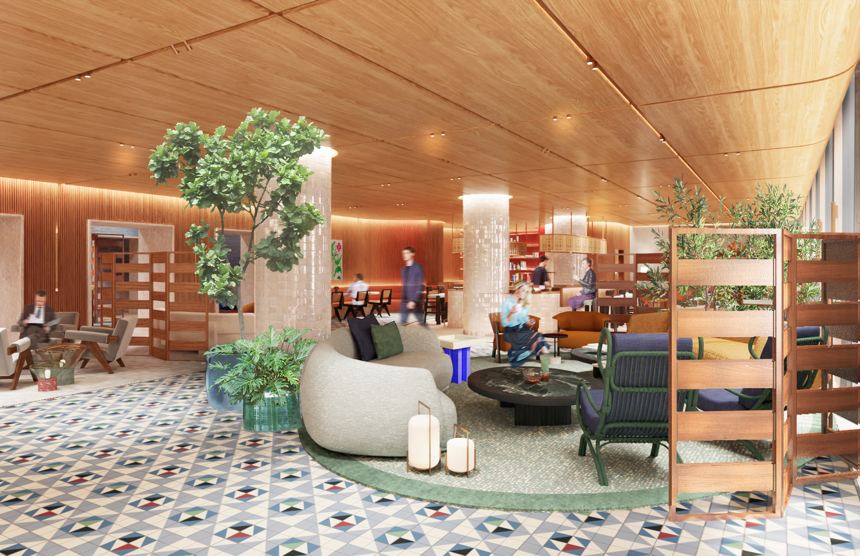 Lobby of Andaz Lisbon at R. do Comércio 132, designed by Patricia Urquiola with Lioz stone, cork and velvet for Hyatt, opened 11 March 2026